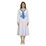 Retro Sailor Collar Midi Dress Women Long Sleeve White Blue Nautical Cosplay Costume Becostume