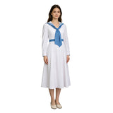 Retro Sailor Collar Midi Dress Women Long Sleeve White Blue Nautical Cosplay Costume Becostume