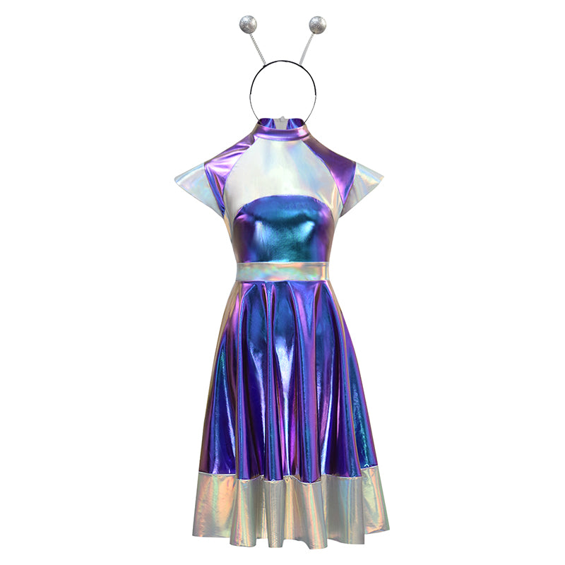 metallic alien dress Womens Alien Costume Shiny Metallic Dress with Headwear Space Cosplay Outfits
