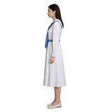 Retro Sailor Collar Midi Dress Women Long Sleeve White Blue Nautical Cosplay Costume Becostume