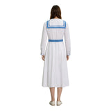 Retro Sailor Collar Midi Dress Women Long Sleeve White Blue Nautical Cosplay Costume Becostume