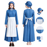 Kids Little House on the Prairie Laura Cosplay Pioneer Blue Dress Polka Dot Colonial Costume