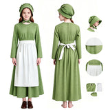 Kids Little House on the Prairie Laura Cosplay Pioneer Dress Green Polka Dot Colonial Costume