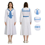 Retro Sailor Collar Midi Dress Women Long Sleeve White Blue Nautical Cosplay Costume Becostume