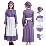 Kids Little House on the Prairie Laura Cosplay Pioneer Purple Dress Polka Dot Colonial Costume
