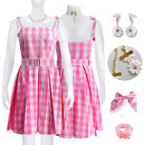 Barbie Movie Pink Gingham Dress Long 2023 Barbie Dress Outfit Cosplay Costumes