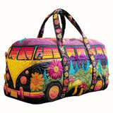 Hippie Van Quilted Duffle Bag Vintage Camping Travel Bag Funny Shopping Work Canvas Bag