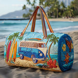 Hippie Bus Quilted Duffie Bag Large Foldable Carry on Travel Bag Canvas Sport Gym Bag
