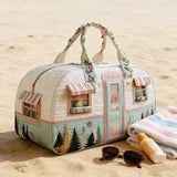 Cozy Camper Quilted Duffle Bag Boho Vintage Print Canvas Travel Tote Foldable Carry-On Bag