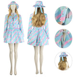 Margot Robbie Blue Plaid Dress Barbie Movie 2023 Blue Coat Outfit with Hat BEcostume