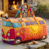 Hippie Van Quilted Duffle Bag Vintage Floral Weekender Overnight Bag Boho Everyday Travel Bag