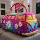 Hippie Van Quilted Duffle Bag Large Capacity Canvas Travel Bag Overnight Bag