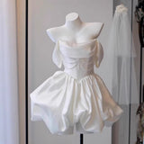 Women's White Satin Short French Style Wedding Dress BEcostume