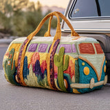 Hippie Van Quilted Duffle Bag Vintage Floral Weekender Overnight Bag Boho Everyday Travel Bag