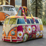 Hippie Van Quilted Duffle Bag Vintage Floral Weekender Overnight Bag Boho Everyday Travel Bag