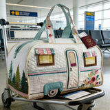 Cozy Camper Quilted Duffle Bag Boho Vintage Print Canvas Travel Tote Foldable Carry-On Bag