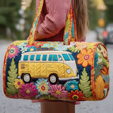 Hippie Bus Quilted Duffie Bag Large Foldable Carry on Travel Bag Canvas Sport Gym Bag