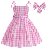 2023 Barbie Margot Robbie Dress Cosplay Costume Kids Girl Barbie Pink Plaid Dress Outfit