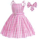 2023 Barbie Margot Robbie Dress Cosplay Costume Kids Girl Barbie Pink Plaid Dress Outfit